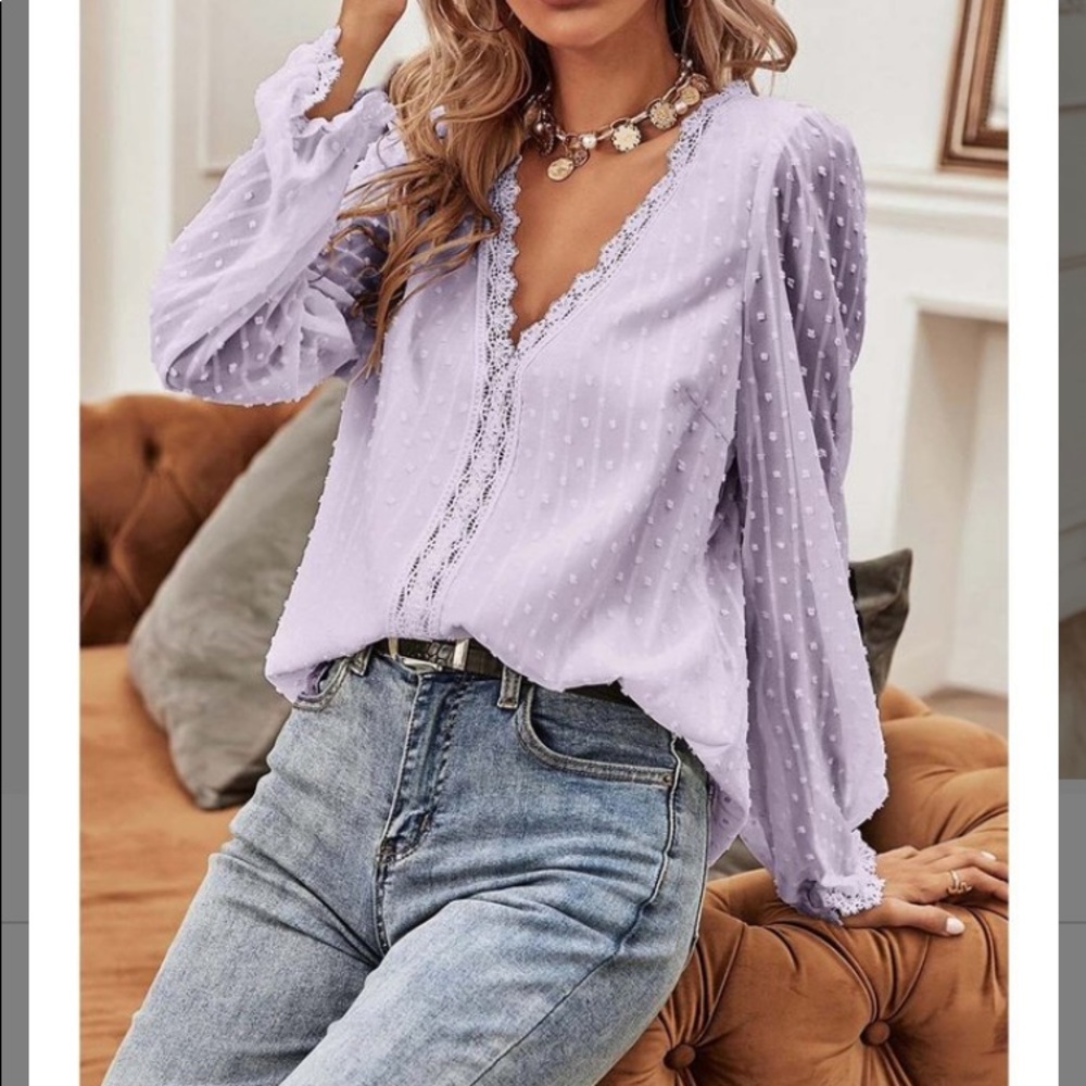 Purple swiss dot lace trim long sleeve top Size XL